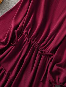 Women's Solid Tie Waist Ruffle Maxi Dress, Round Neck Button Long Sleeve Slim Fit, For Date, Vacation, Holiday, Home, Fall Winter Spring - Burgundy - View 6