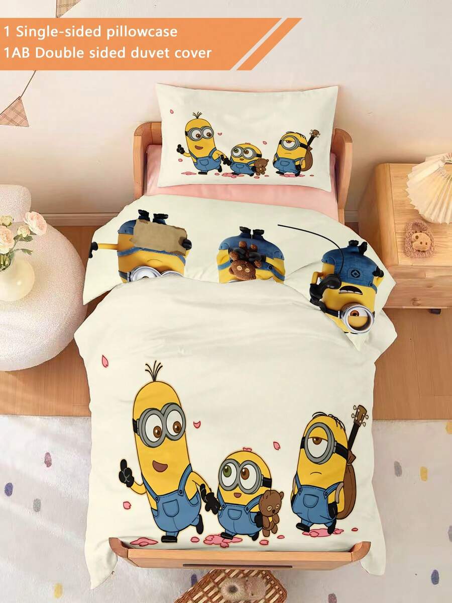 Minions 1/2 Peças Conjunto de Roupa de Cama com Tema Minions, Impressão 3D Dupla Face (1 Fronha Impressa em 1 Lado + 1 Edredom Impresso em 2 Lados), Conjunto para Berçário/Jardim de Infância, Edredom com Estampa Fofa Impressa Digitalmente, Roupa de Cama Infantil com Fronha e Edredom para Crianças Pequenas, Bebês e Recém-Nascidos, Fronhas de 33 x 45 cm Podem Ser Vendidas Separadamente