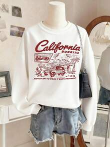 1pc Women Oversized Crew Neck Sweatshirt, Car English Print, Casual Loose Fit Pullover Long Sleeve Top, Autumn/Winter