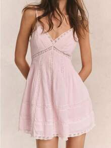 Womenacute;S Stylish Mesh Lace Smocked Back V Neck Spaghetti Strap A Line Dress For Summer - Hồng - Xem 1