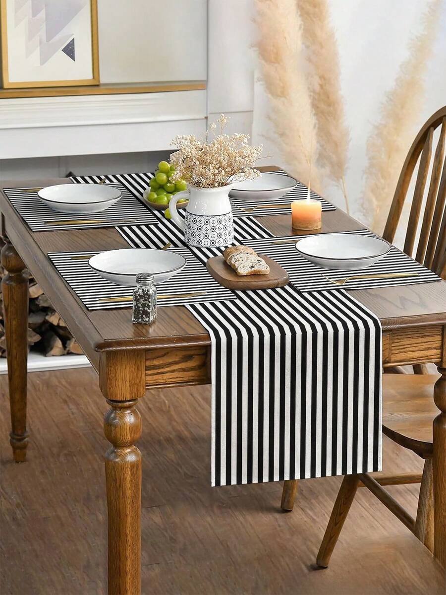 1 件鲜艳的黑白条纹桌旗，纹理矩形桌布，适用于餐桌、咖啡桌、家居装饰 - 耐用的厨房和餐厅装饰、餐桌布置 - 黑色 - 查看 1