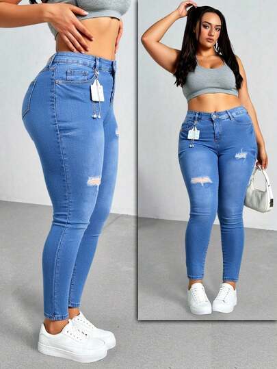 Pantalones vaqueros ajustados de tiro alto con rotos, tejido suave y elástico, estilo casual y versátil