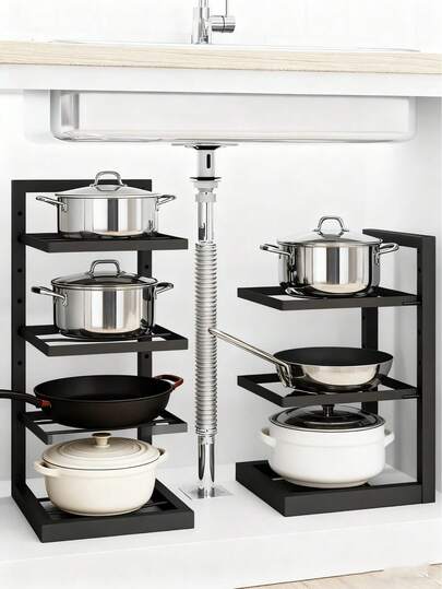 1 Pieza Estante para ollas, Estante para ollas y sartenes de acero inoxidable debajo del fregadero, Estante de almacenamiento de ollas y sartenes, Estante multifuncional ajustable de tres niveles, Estantes multinivel estables y duraderos, Organizador de almacenamiento fácil de instalar y ajustar, Adecuado para armarios, organizadores de encimera, ollas y sartenes, vajilla, verduras, frutas, organizador y almacenamiento de cocina, accesorios de cocina