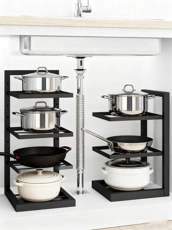 1 Pieza Estante para ollas, Estante para ollas y sartenes de acero inoxidable debajo del fregadero, Estante de almacenamiento de ollas y sartenes, Estante multifuncional ajustable de tres niveles, Estantes multinivel estables y duraderos, Organizador de almacenamiento fácil de instalar y ajustar, Adecuado para armarios, organizadores de encimera, ollas y sartenes, vajilla, verduras, frutas, organizador y almacenamiento de cocina, accesorios de cocina