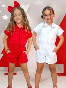 Kit 2 Kids Jumpsuit Girl Blogger Dungarees Youth Jeans Shorts Zipper Casual Fashion - 紅色 - 查看 1