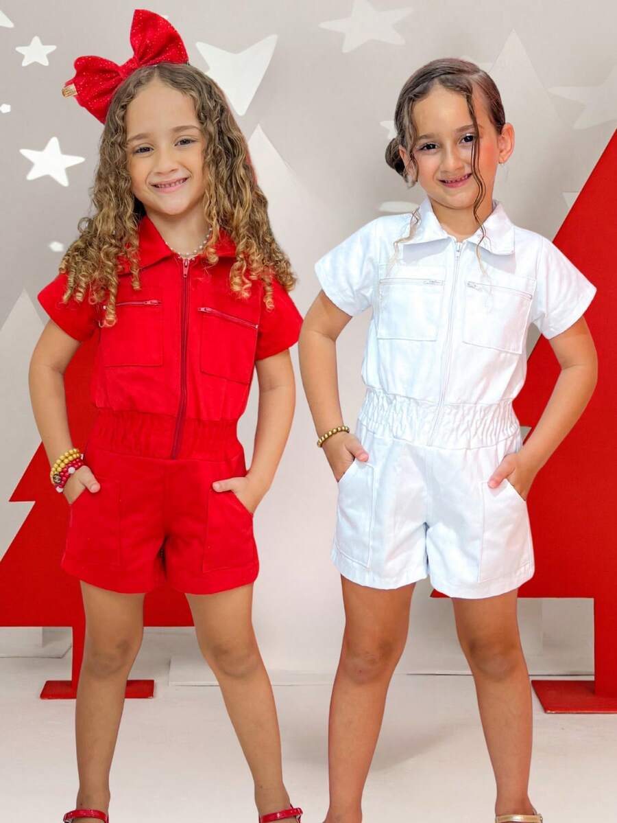 Kit 2 Kids Jumpsuit Girl Blogger Dungarees Youth Jeans Shorts Zipper Casual Fashion - 紅色 - 查看 1
