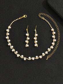 Factory Direct Cross-Border Jewelry, New Hot-Selling Wedding Accessories Pearl Necklace Earrings 3 Pieces Set