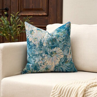 1pc Soft & Comfortable Jacquard Decorative Throw Pillow Cover, Square Accent Solid Cushion Cover, Neutral Farmhouse Pillow Sham For Sofa Bedroom Living Room, Floral Vintage, Suitable For All Seasons, Also Can Be Used As A Fun Gift