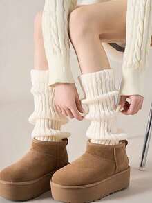 1 Pair Of Women's Leg Warmer, White Knitted Warm Calf , Suitable For Autumn And Winter, Y2k, Cozy - White - View 12