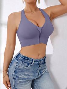 Sujetador deportivo sin costuras con cierre delantero de alto impacto para mujer, adecuado para primavera, verano, otoño e invierno - Morado - View 7