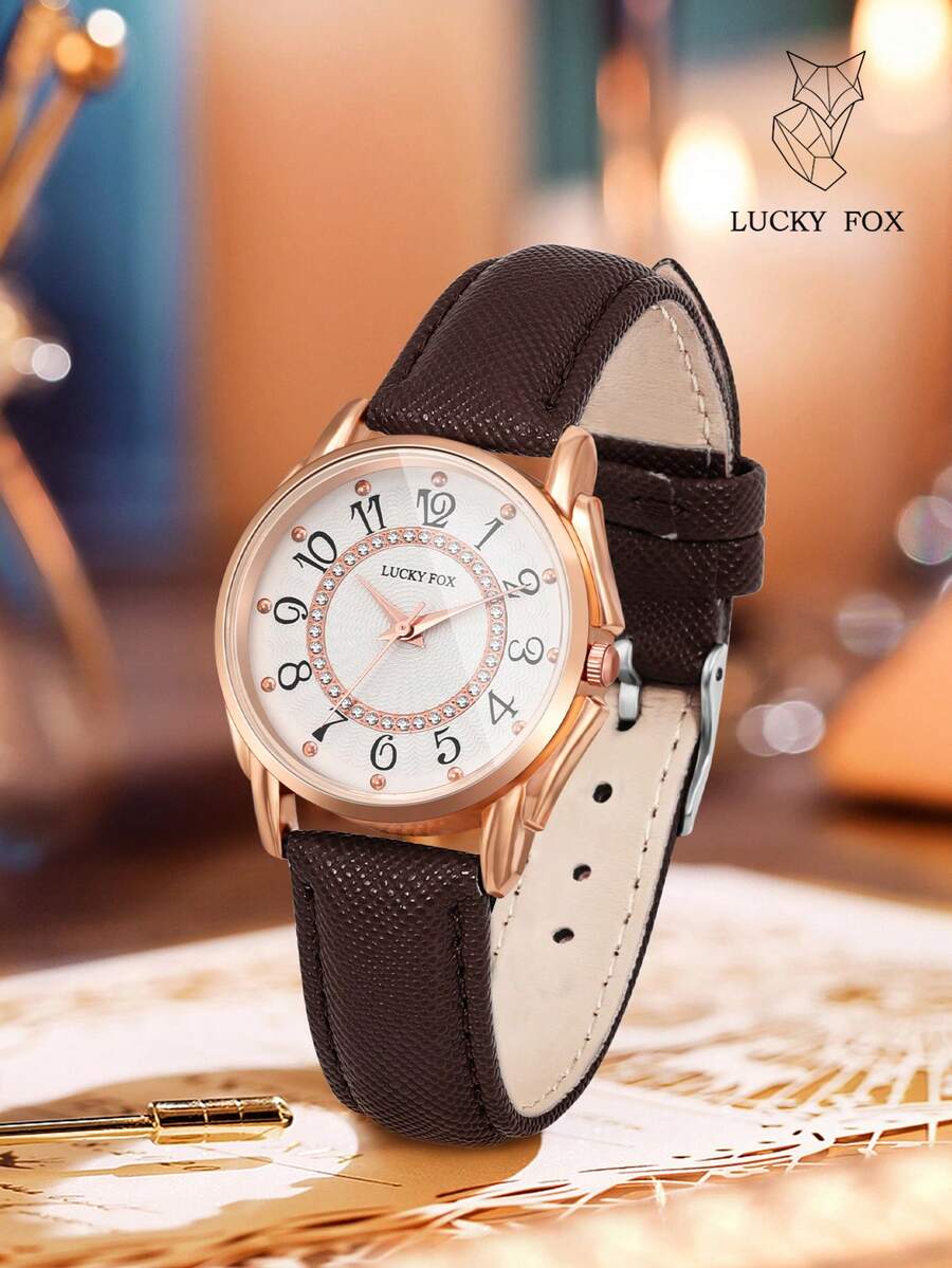 LUCKYFOX 1件裝盒青少年學生小眾小巧水鑽復古圓盤休閒優雅PU皮革錶帶手錶,適合日常穿戴,萬聖節、聖誕節禮物 - 棕色 - 查看 1