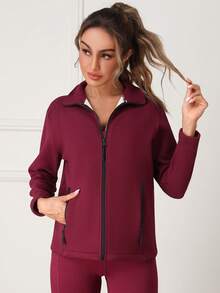 Damen Outdoor Fleecejacke, einfarbig, modisch-Lässig mit Taschen, dick gefüttert, slim fit, geeignet für Herbst/Winter Yoga, Fitness, Laufen, Outdoor-Sport, Rot