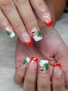 24 piezas Pegatinas de uñas cuadradas cortas con diseños navideños de Árbol de Navidad, Muñeco de Nieve y Copos de Nieve en color rojo, adecuado para uso diario, citas y fiestas de mujeres (Incluye: 1 pieza de pegamento de gelatina y 1 lima) - Multicolor - Ver 7