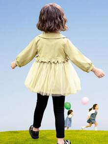 Girls' Mid-Length Trench Coat, Girls' Cute Solid Color Mesh Patchwork Single-Breasted Windbreaker, New Young Girl Tops, Girls' Elegant Clothing