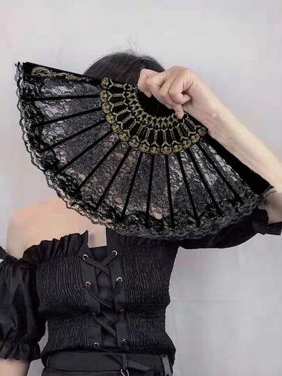 1pc Women's Lace Folding Fan, Suitable For Party Attire Elegant Witch Valentine's Day