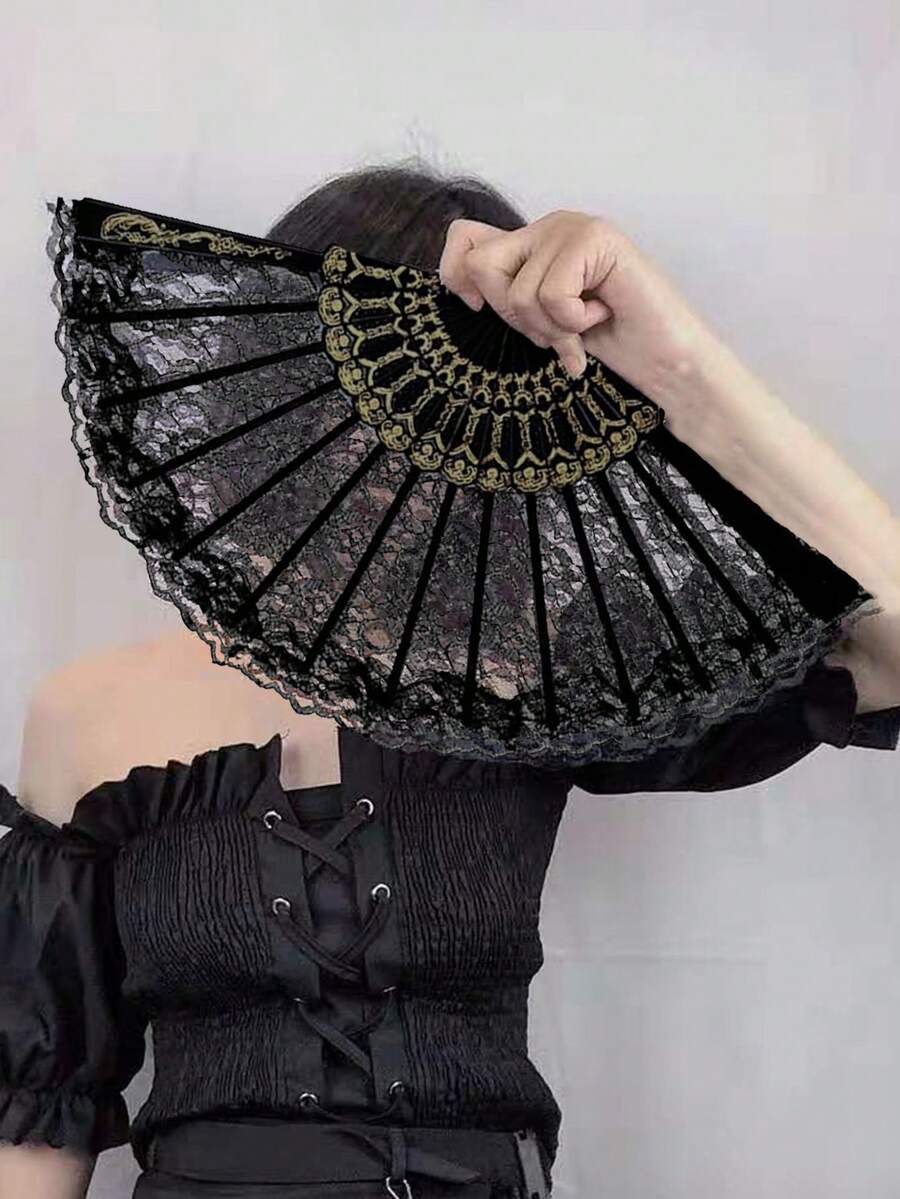 1pc Women's Lace Folding Fan, Suitable For Party Attire Elegant Witch Valentine's Day - Black - View 1