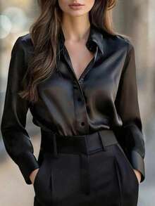 Classic Women's Black Long Sleeve Shirt With Button Details And Collar, Smooth Polyester Fabric - Black - View 12