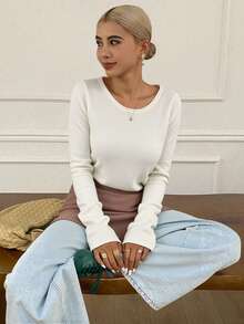 Livesso Women's Solid Color Round Neck Fitted Long Sleeve Casual Elegant Thick Knitted Sweater, Autumn/Winter - Beige - View 4