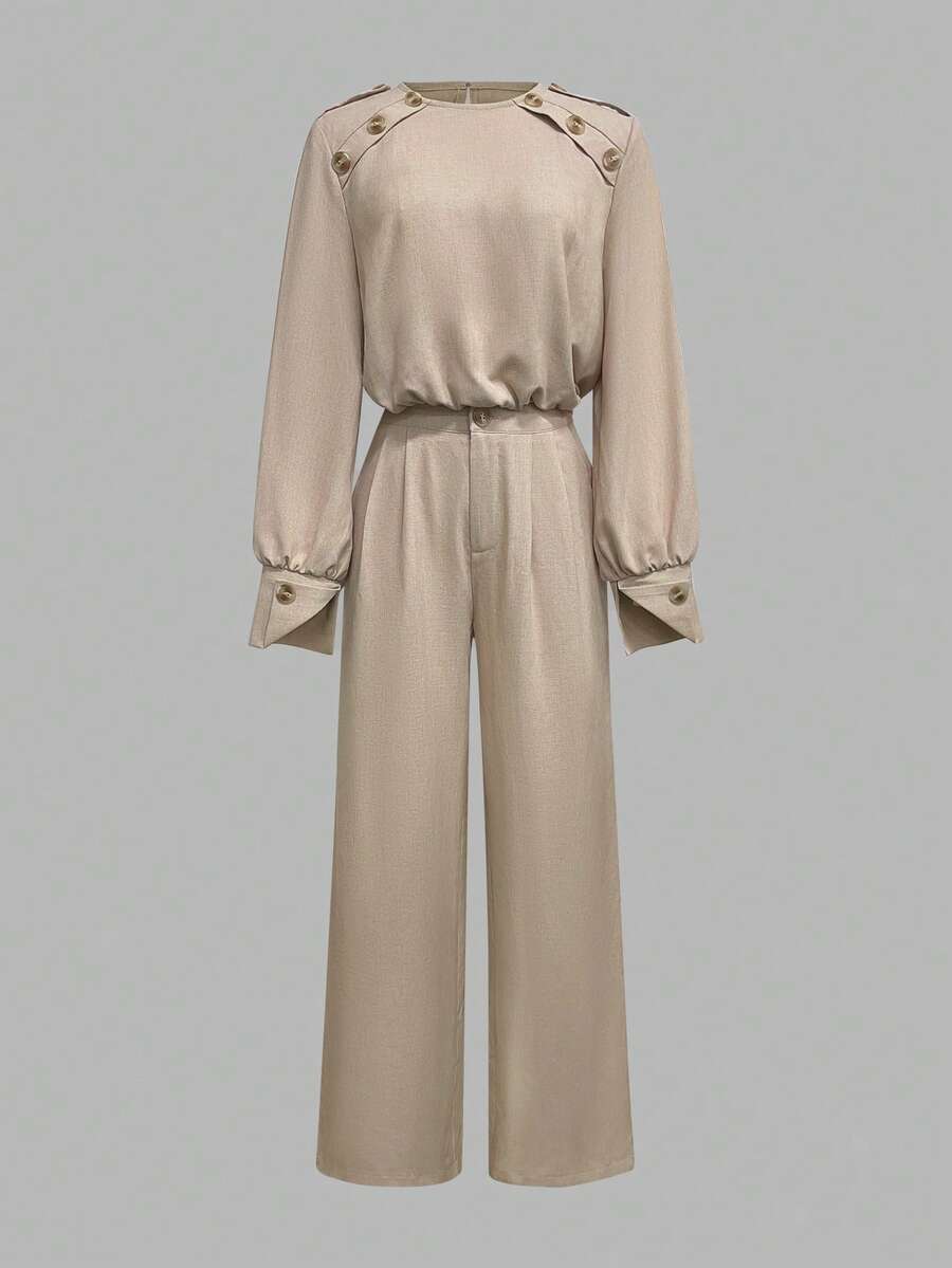 ANCHOSE Damen Business-Casual Set mit Schulterriemen, Knopfdekor Langarmoberteil und weiter Hose, Herbst