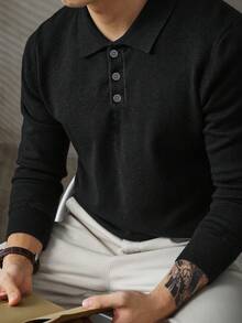 Men's Casual Fashionable Versatile Solid Color Knit Polo Cardigan, For Fall Winter