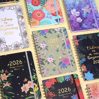 2026 年每周和每月计划本，2026 年 1 月 - 2026 年 12 月，大号 8.5 英寸 X 6.1 英寸螺旋装订日历，70 张/140 页厚纸，松紧带，内袋，月度标签，双线圈装订，耐用精装笔记本，用于安排日程、设定目标、笔记、学术和办公室组织，花卉和动物封面设计