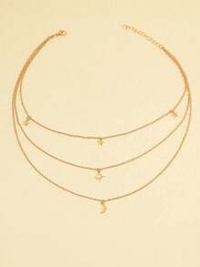 Hegaze 1pc Multi-Layer Star & Moon Pendant Necklace - 黃金 - 查看 2