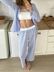 Nina Bonheur 两件套女士条纹纽扣长袖睡衣套装+松紧腰裤，可爱睡衣套装，秋冬服装 - 藍色 - 查看 5