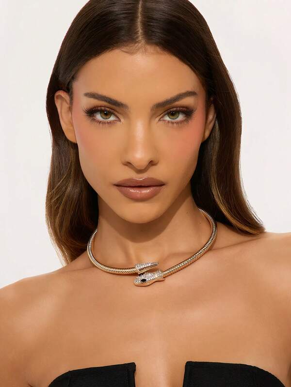 1pc Women's Adjustable Snake-Shaped Alloy Necklace With Rhinestone Inlay, Fashionable High-End Choker Necklace Accessory, Medusa Jewelry, Elastic Adjustable Snake Neck Chain - Halloween Gift, Women's Birthday Gift, Teen Girl Fashion Jewelry