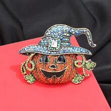 1 pieza Broche decorativo de mujer con sombrero de bruja de cristal y cara de calabaza, regalo de Halloween