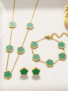 4pcs/Set Stainless Steel Fashionable Clover Flower Stud Earrings, Bracelet, Necklace Set For Women (Clover Welding Position Random)