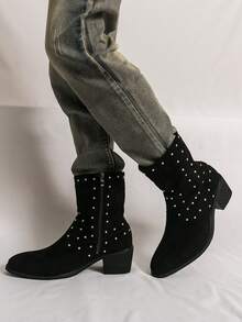 Versatile Korean Style British Retro Solid Color Western PU Leather Metal Eyelet Rivet Embellished Chelsea Boots, Suitable For Holidays And All Seasons - Black - View 6