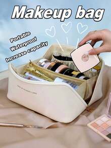 PU Leather Waterproof Makeup Bag, Portable Cosmetic Bag, Makeup Storage Pouch, Large Capacity Double-Layer Makeup Case, Suitable For Makeup, Skincare, Cosmetics Storage - Multicolor - View 8