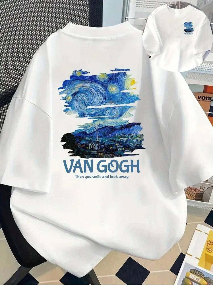 Camiseta de Manga Corta Impresa por Delante y por Detrás - Noche Estrellada de Van Gogh, Noche Estrellada - Camiseta Impresa de Moda para Mujeres de Primavera Verano, ¡Tu Mejor Elección! - Blanco - Añade 1
