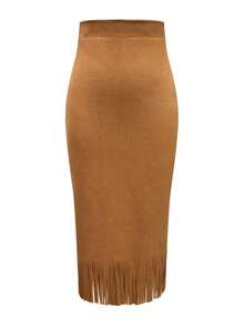 Women's Solid Color Elegant Suede Fringe Skirt Spring - Tan - View 4