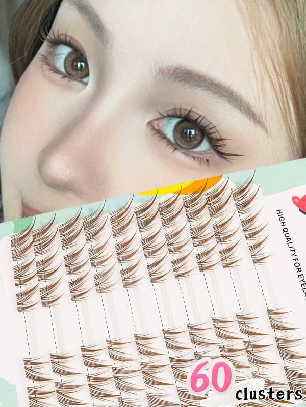 60 pezzi di ciglia individuali marroni per occhi da volpe, ciglia a ciuffetti effetto wispy, estensioni di ciglia finte con curvatura C, ciglia per occhi a forma di gatto, fai-da-te a casa