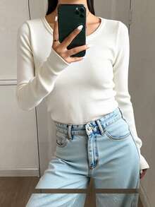 Livesso Women's Solid Color Round Neck Fitted Long Sleeve Casual Elegant Thick Knitted Sweater, Autumn/Winter - Beige - View 1