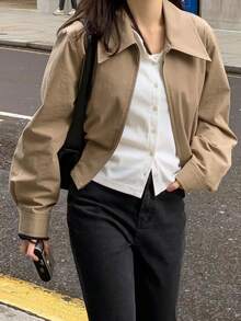 Chaqueta exterior de mujer estilo coreano de unicolor con solapa y cremallera, Nora Noon