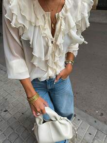 Women's Elegant Commuter Layered Lace Semi-Sheer Long Sleeve Blouse, Suitable For Spring, Summer And Autumn - Apricot - View 2