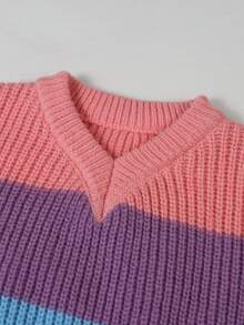 Teen Girls Macaron Rainbow Ribbed V-Neck Sweater, Loose Drop Shoulder Ribbed Knit Pullover, Autumn/Winter - Pink - View 8
