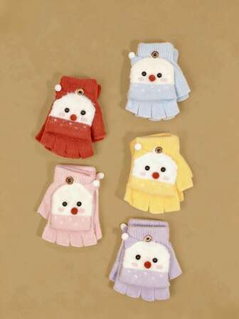1 Pair Kids Cute Snowman Design Warm Half Finger Flip-Top Mittens, Suitable For Autumn/Winter Season, Children Winter Clothing