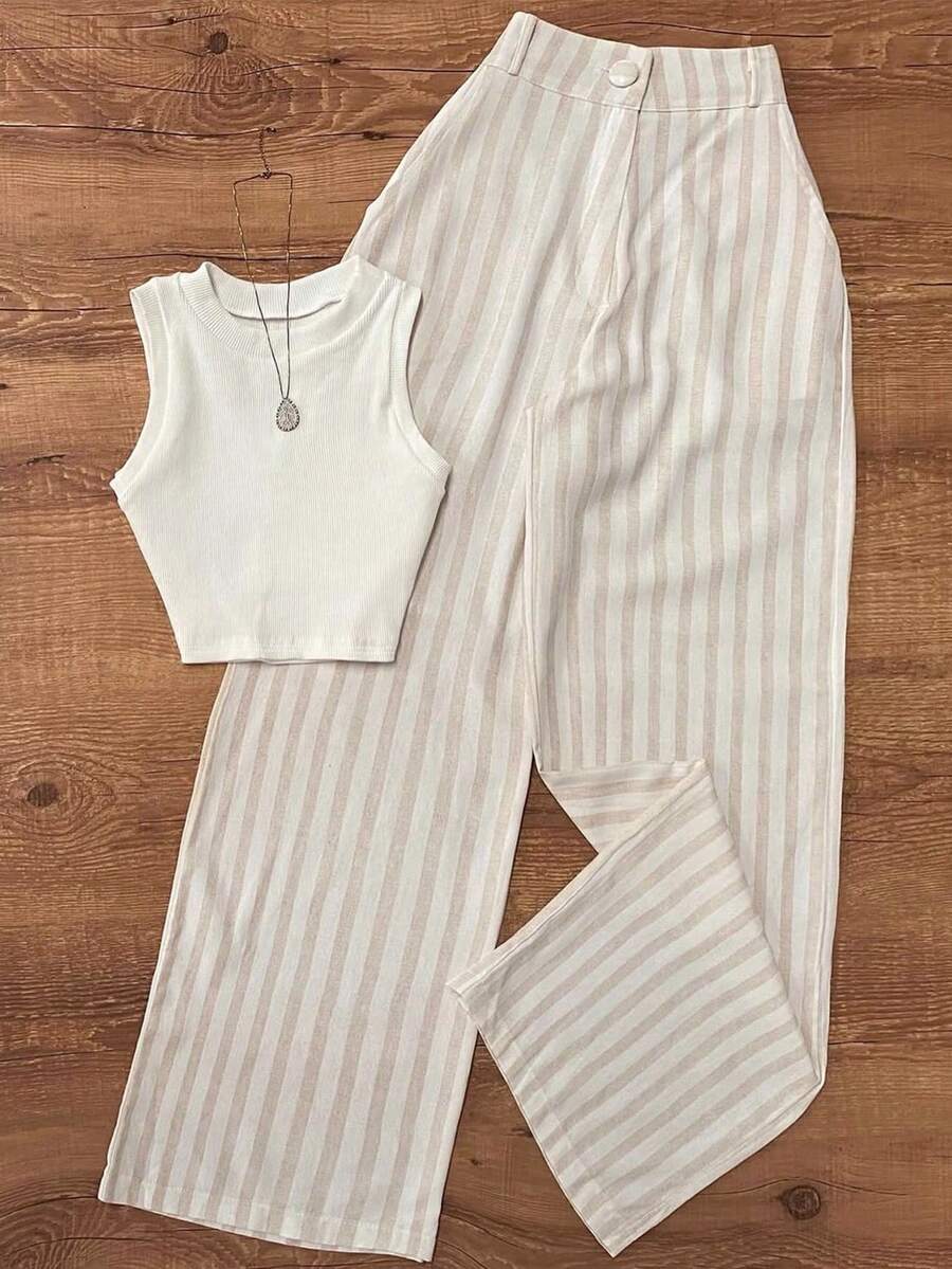 Women's Striped Casual Waistband Vest And Pants Set, Suitable For Office And Garden, Spring/Summer - White - View 1