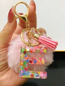 1 Pc Alphabet Initial Letter Keychain Cute Plush Pom Key Chain Ring Bag Backpack Charm Car Hanging Pendant Women Girls Gift,Cute Sequins Resin Key Chain,Wallet And Handbag Accessories, Keychain With Tassels,Alphabet Initial Letter A-Y School - 粉色 - 查看 4