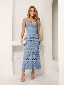 Women's Midi Dress, Lace Tricot, Party, Beach, Sophisticated, New Year's Eve, Christmas, Holidays, Beach, Wedding, Godmother - 淺藍色 - 查看 1