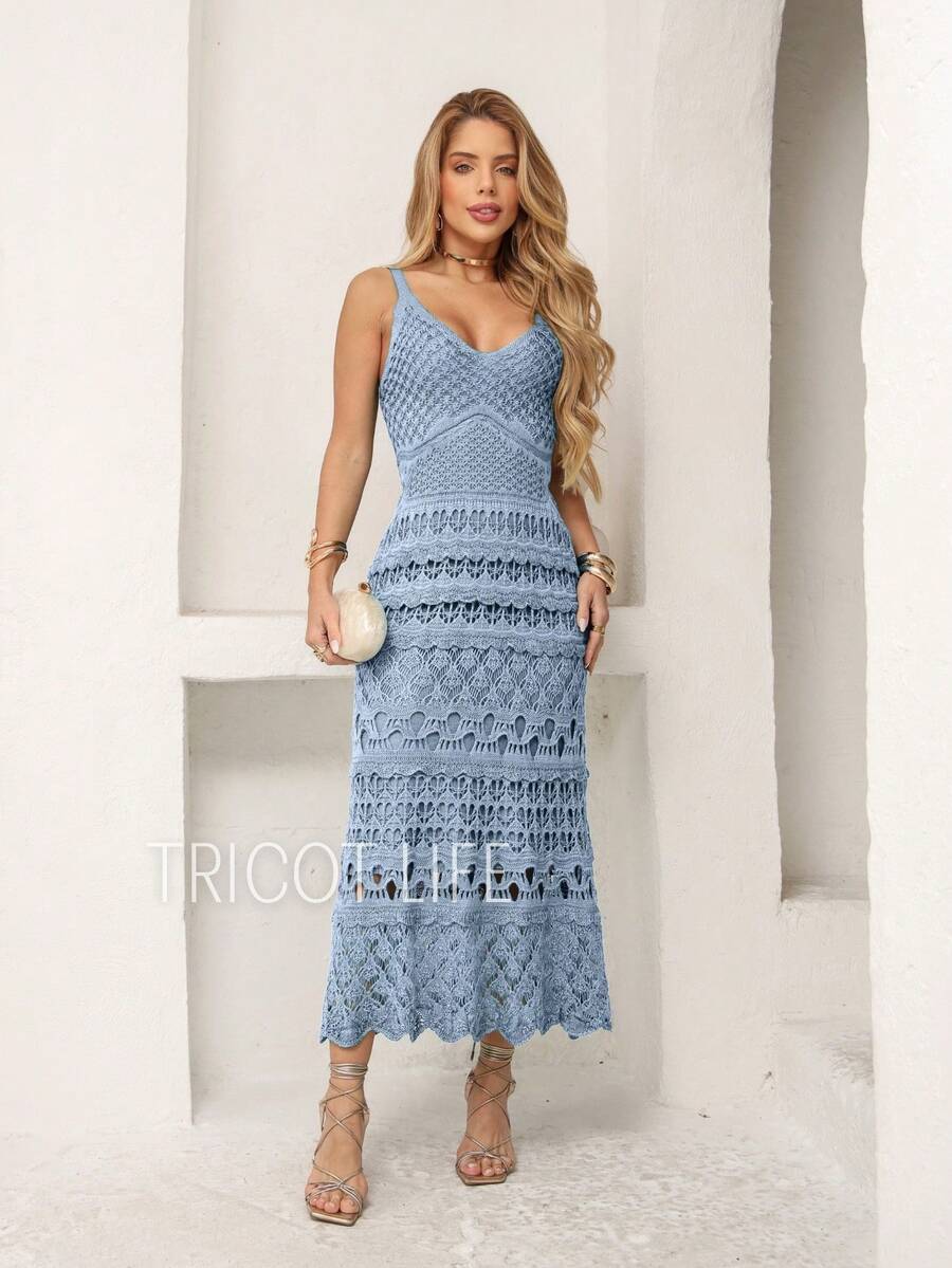 Women's Midi Dress, Lace Tricot, Party, Beach, Sophisticated, New Year's Eve, Christmas, Holidays, Beach, Wedding, Godmother - 淺藍色 - 查看 1
