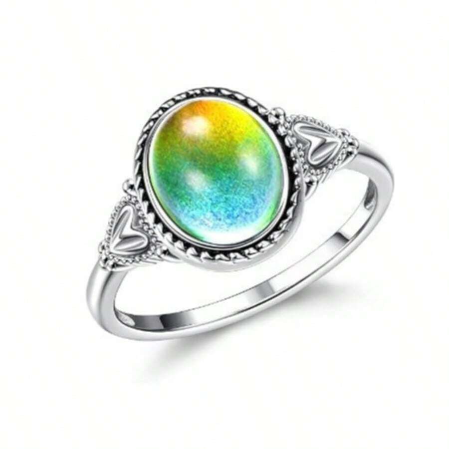 Fashionable Women's Jewelry Silver Mood Ring - Vintage Bohemian Style, Temperature Sensing Color Changing, Suitable For Daily Wear And Parties, Ideal Thanksgiving Gift