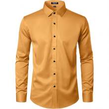 Men's Stretch Wrinkle-Free Long Sleeve Button-Down Formal Prom Wedding Dress Shirts With  Elements - 金色 - 查看 2