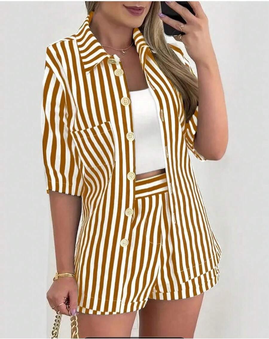 "Women's Brown And White Striped Set With Blazer And Shorts In Casual Chic Style" - Mocha Brown - View 1