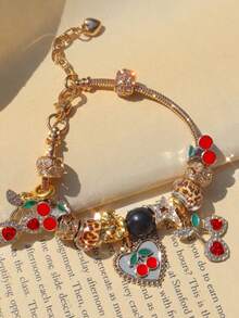 1pc Leopard Print Cherry Pendant Bracelet, 1pc Black Cherry 8mm Beaded Leopard Print DIY Bracelet, 1pc Adjustable Length Red Cherry Music Festival Lobster Clasp Bracelet - Multicolor - View 5