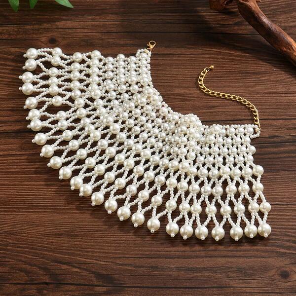 1pc Minimalist White Beaded Handmade Necklace, Wavy Design Shoulder Chain, Fashion Accessory For Women Evening Gowns And Wedding Dresses