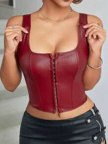 Apperloth A Áo corset da PU kiểu Y2K cho nữ, cổ vuông, ôm sát ngực, có gọng, định hình eo, móc cài phía trước, buộc dây phía sau, hở lưng, dây đeo rộng, kiểu croptop dễ thương, thoải mái mặc hàng ngày, dự tiệc âm nhạc, lễ hội, hòa nhạc đồng quê, đi chơi, tiệc tùng mùa hè. - Màu Đỏ Sâu - Xem 3